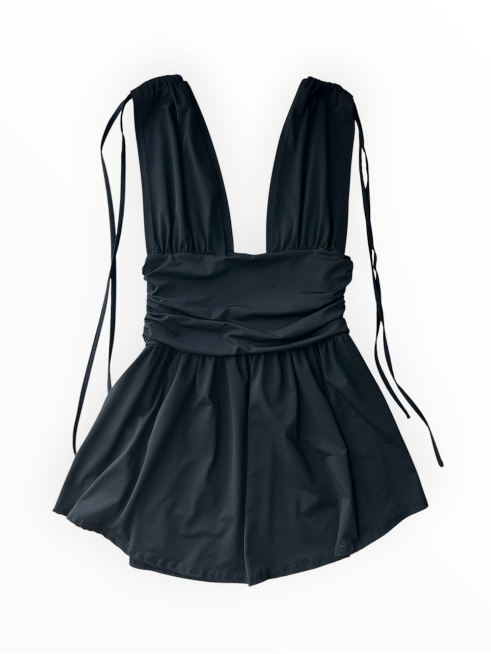Black Deep-V Wide-Strap Drawstring Mini Dress
